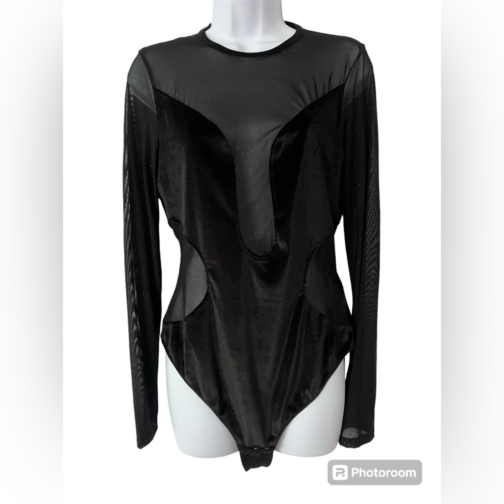 Intimissi Black Velvet and Mesh Sparkle Stretch Bodysuit
